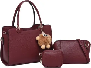 Women's Top Handle Bag Fashion Leather Handbags Purses Ladies Shoulder Bag with Pompom Satchel Purse Set 3pcs