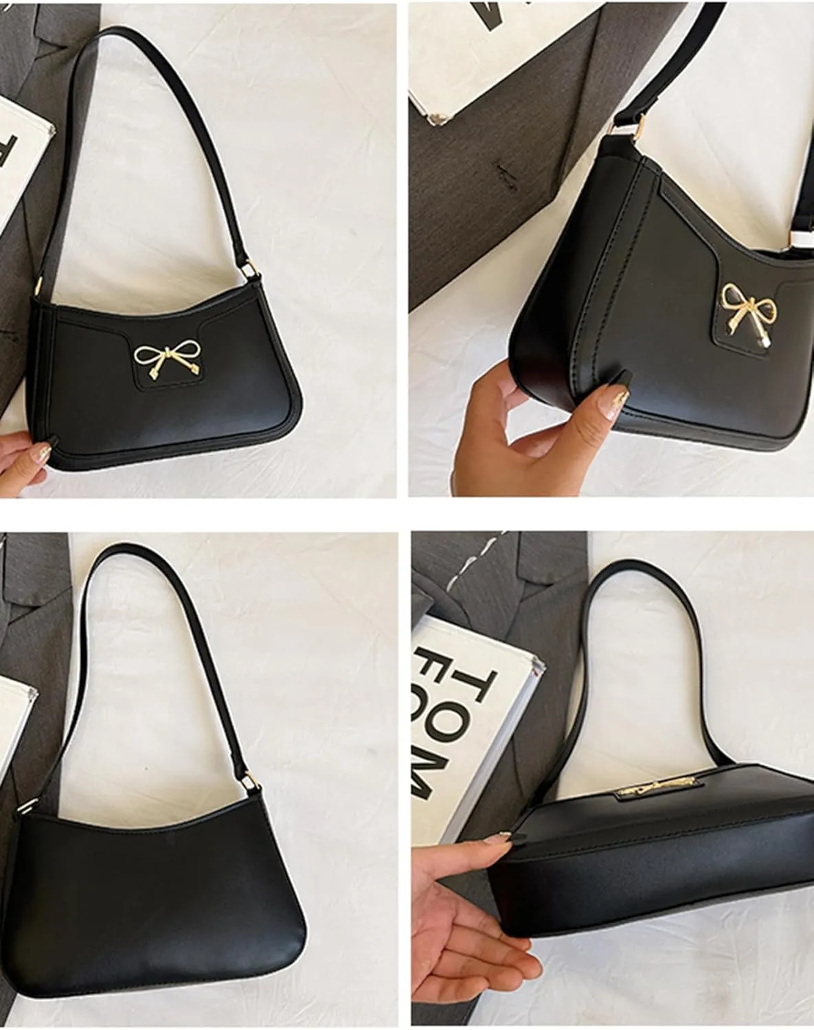 Women's Vintage Bow Accent Clutch Underarm Purses Bags PU Leather Shoulder Handbags Bags