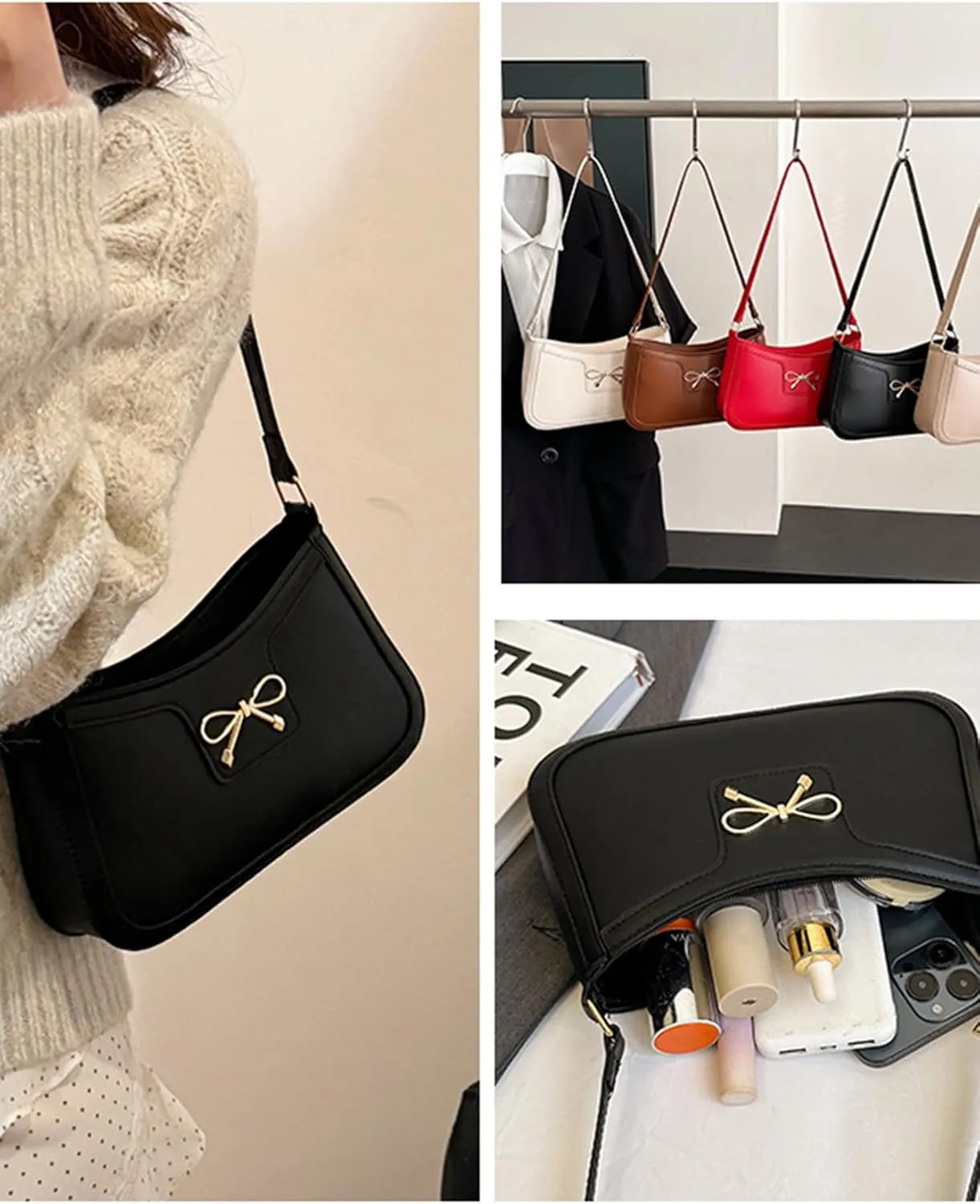 Women's Vintage Bow Accent Clutch Underarm Purses Bags PU Leather Shoulder Handbags Bags