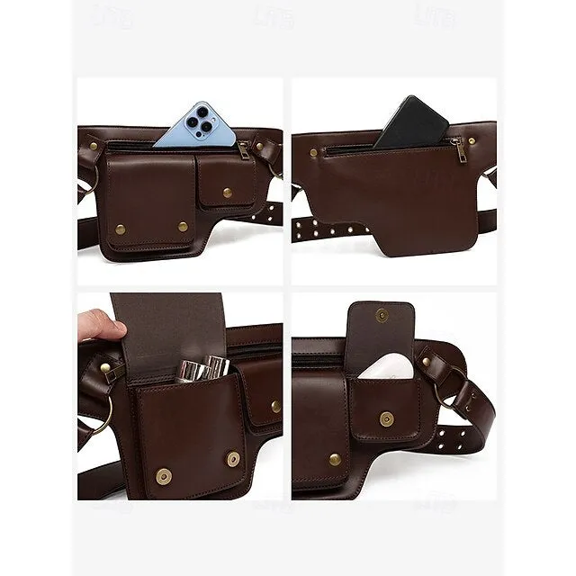 Women's Vintage Faux Leather Utility Belt Bag with Multi-Pocket Design - Hands-Free Waist Pack for Outdoor, Hiking, and Travel