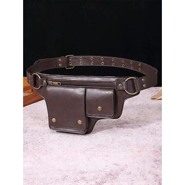 Women's Vintage Faux Leather Utility Belt Bag with Multi-Pocket Design - Hands-Free Waist Pack for Outdoor, Hiking, and Travel