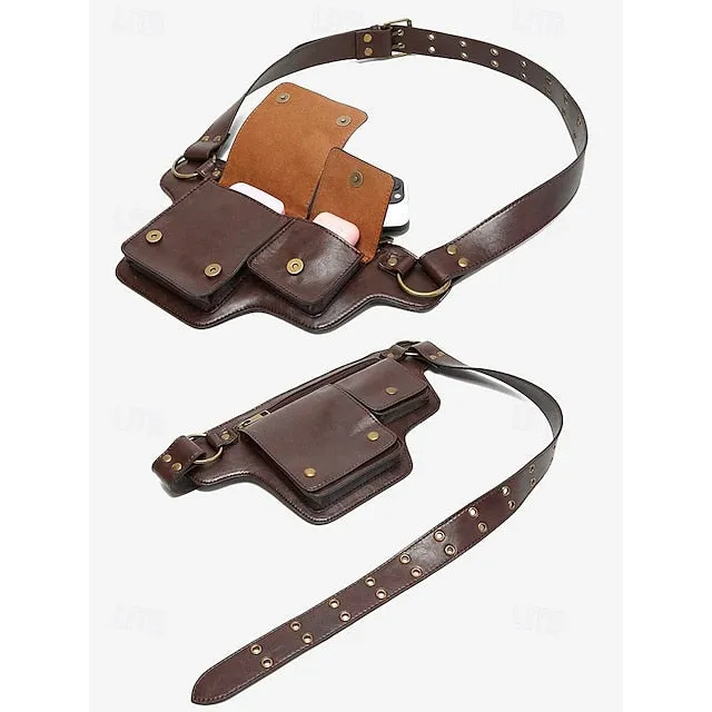 Women's Vintage Faux Leather Utility Belt Bag with Multi-Pocket Design - Hands-Free Waist Pack for Outdoor, Hiking, and Travel