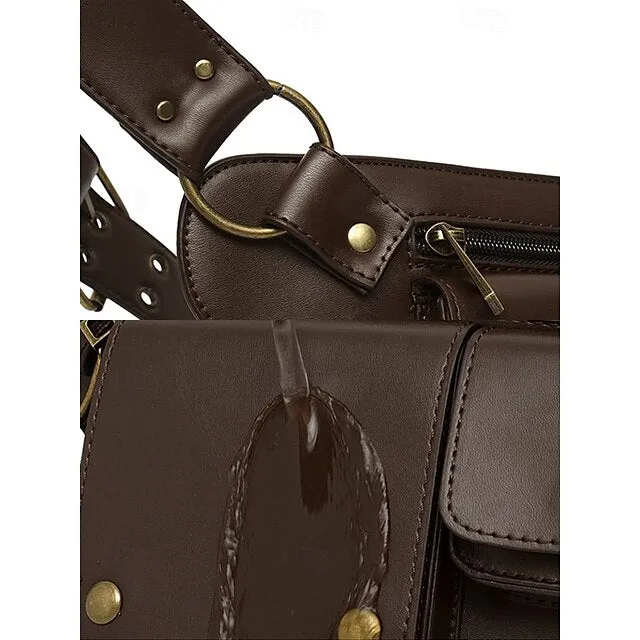 Women's Vintage Faux Leather Utility Belt Bag with Multi-Pocket Design - Hands-Free Waist Pack for Outdoor, Hiking, and Travel