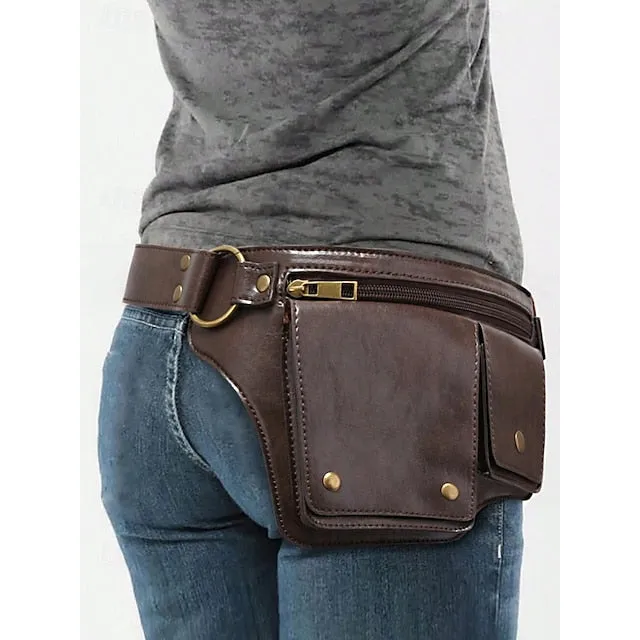 Women's Vintage Faux Leather Utility Belt Bag with Multi-Pocket Design - Hands-Free Waist Pack for Outdoor, Hiking, and Travel
