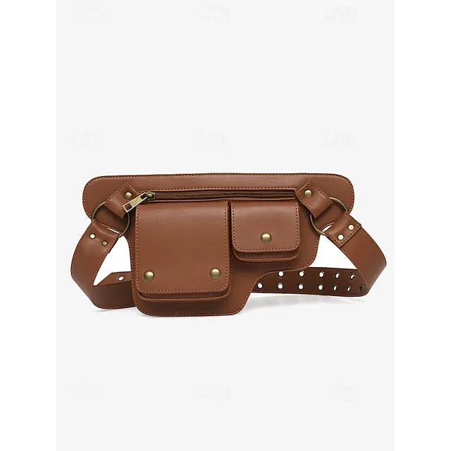 Women's Vintage Faux Leather Utility Belt Bag with Multi-Pocket Design - Hands-Free Waist Pack for Outdoor, Hiking, and Travel