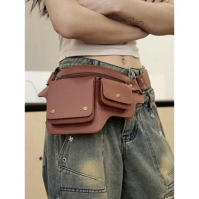 Women's Vintage Faux Leather Utility Belt Bag with Multi-Pocket Design - Hands-Free Waist Pack for Outdoor, Hiking, and Travel