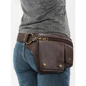 Women's Vintage Faux Leather Utility Belt Bag with Multi-Pocket Design - Hands-Free Waist Pack for Outdoor, Hiking, and Travel