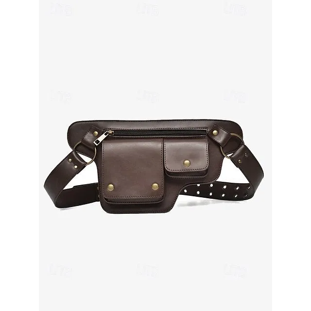 Women's Vintage Faux Leather Utility Belt Bag with Multi-Pocket Design - Hands-Free Waist Pack for Outdoor, Hiking, and Travel