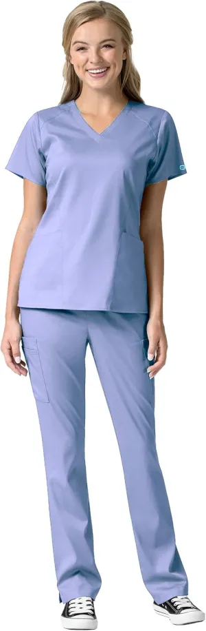 WonderWink Pro Women's 4 Pocket V-Neck Top & Moderate Flare Leg Cargo Pant Scrub Set   Badge Reel