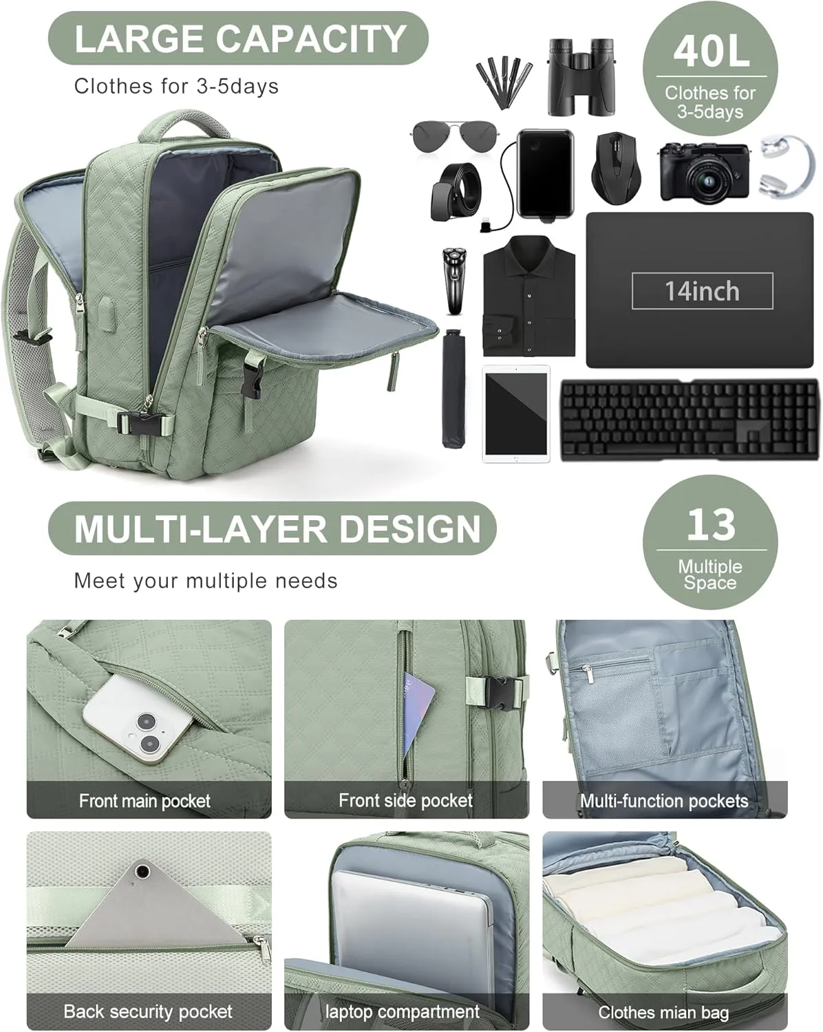 WONHOX Large Travel Backpack Carry on Flight Approved Laptop Work Business Backpack for Women Men Mochila de Viaje