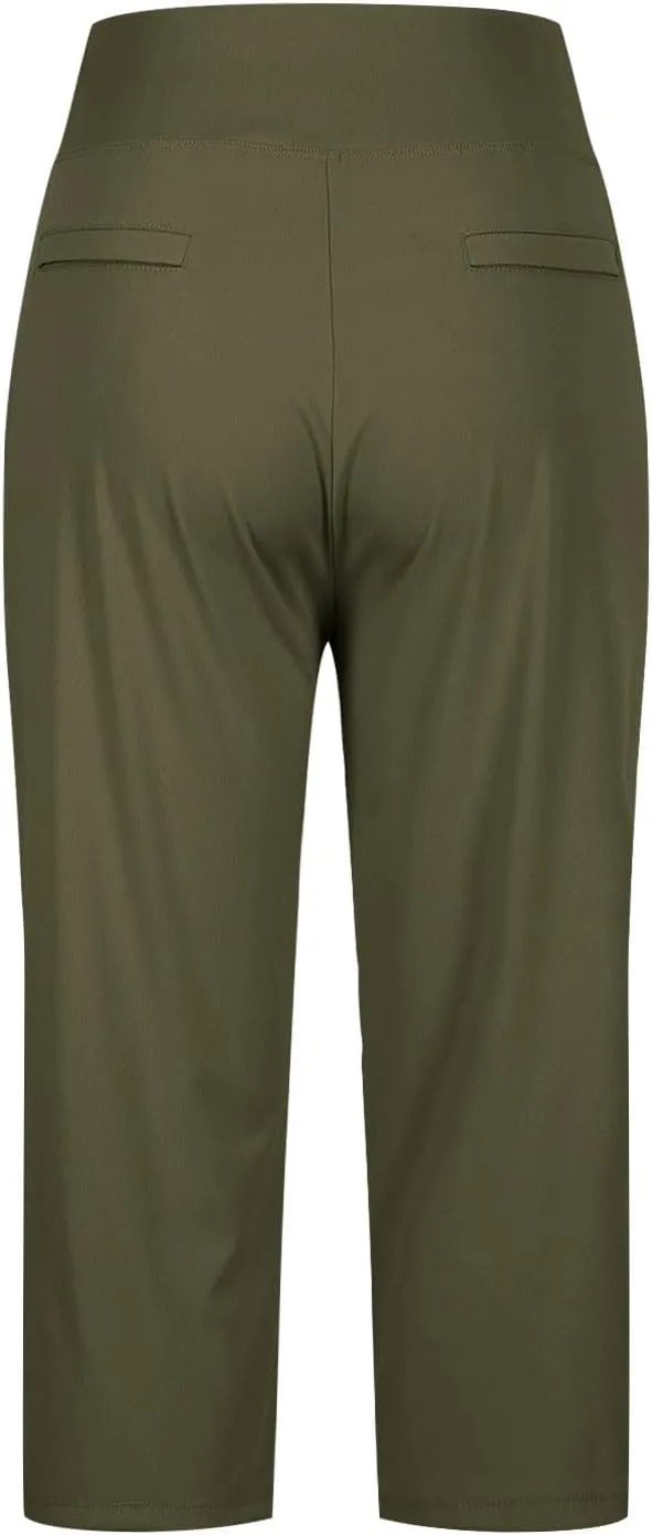 Work Pants Women Elastic Waist Summer Pants for Women with Pockets Button Casual Straight Leg Pull On Capri Trousers