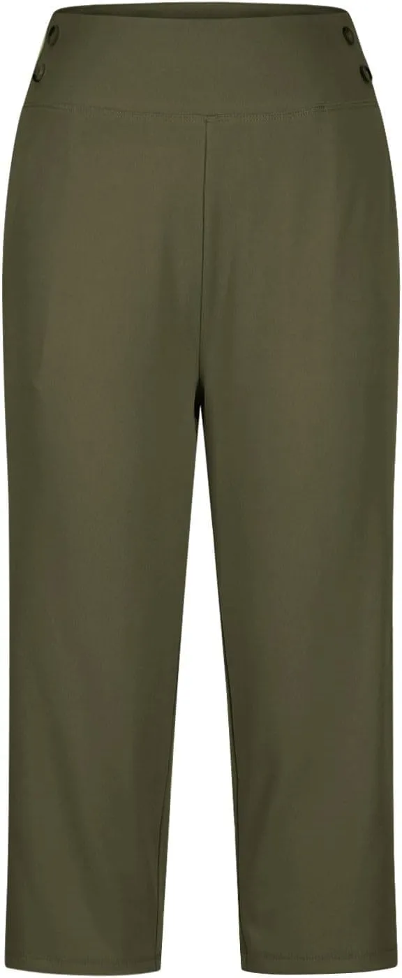 Work Pants Women Elastic Waist Summer Pants for Women with Pockets Button Casual Straight Leg Pull On Capri Trousers
