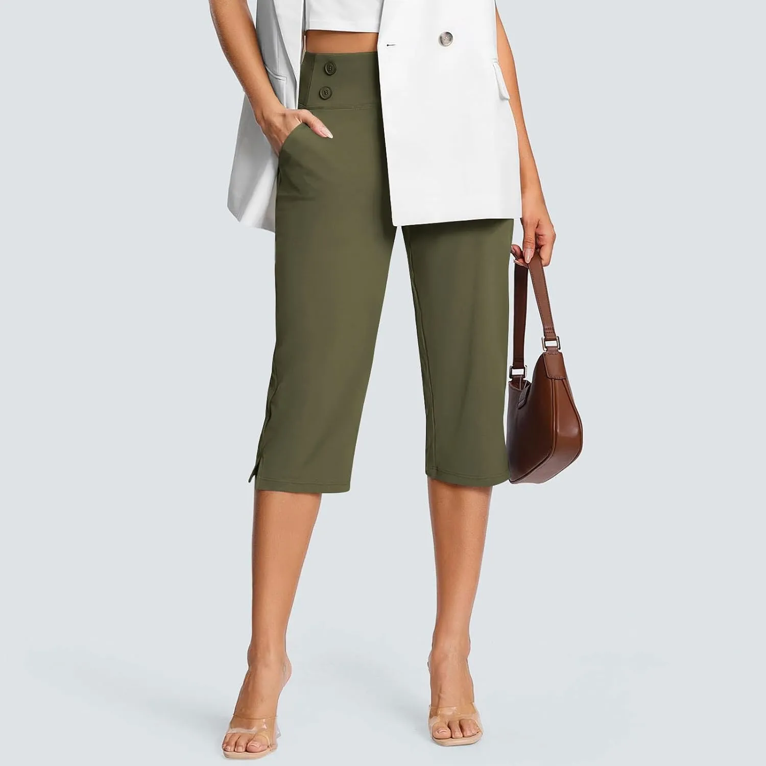 Work Pants Women Elastic Waist Summer Pants for Women with Pockets Button Casual Straight Leg Pull On Capri Trousers