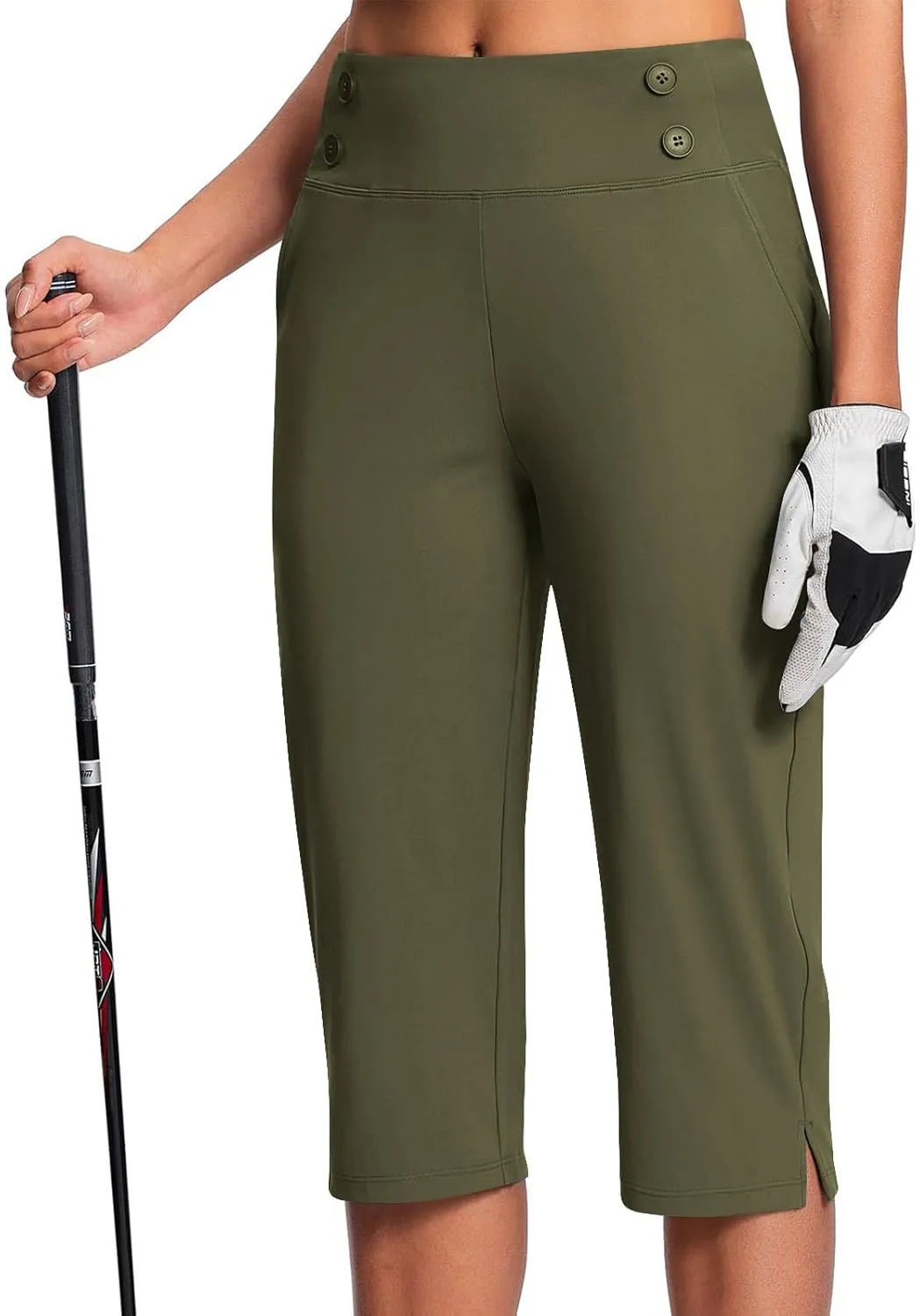 Work Pants Women Elastic Waist Summer Pants for Women with Pockets Button Casual Straight Leg Pull On Capri Trousers