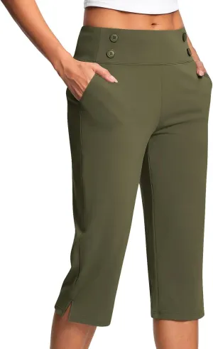 Work Pants Women Elastic Waist Summer Pants for Women with Pockets Button Casual Straight Leg Pull On Capri Trousers