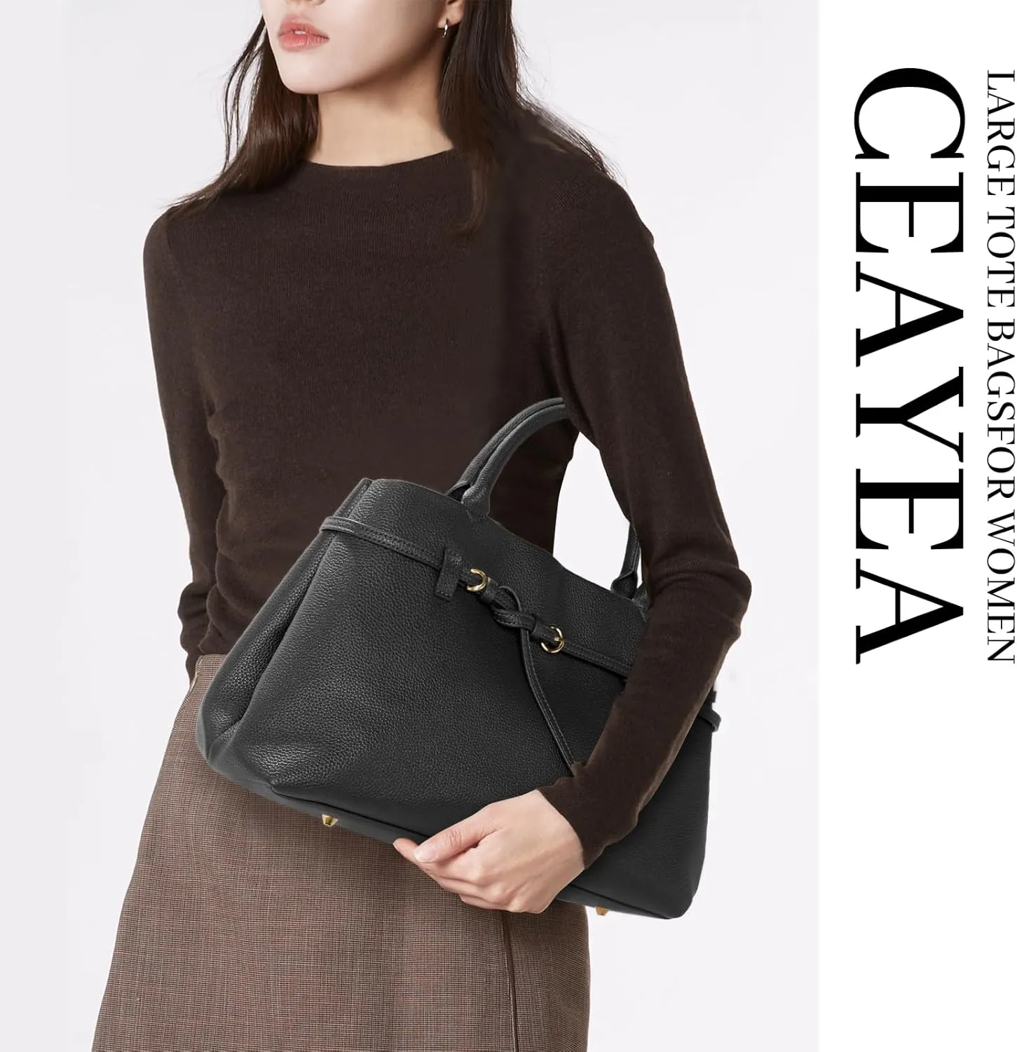 Work Tote Purses and Handbags for Women Vegan Leather Belted Top-handle Satchel Shoulder Bags with Long Strap