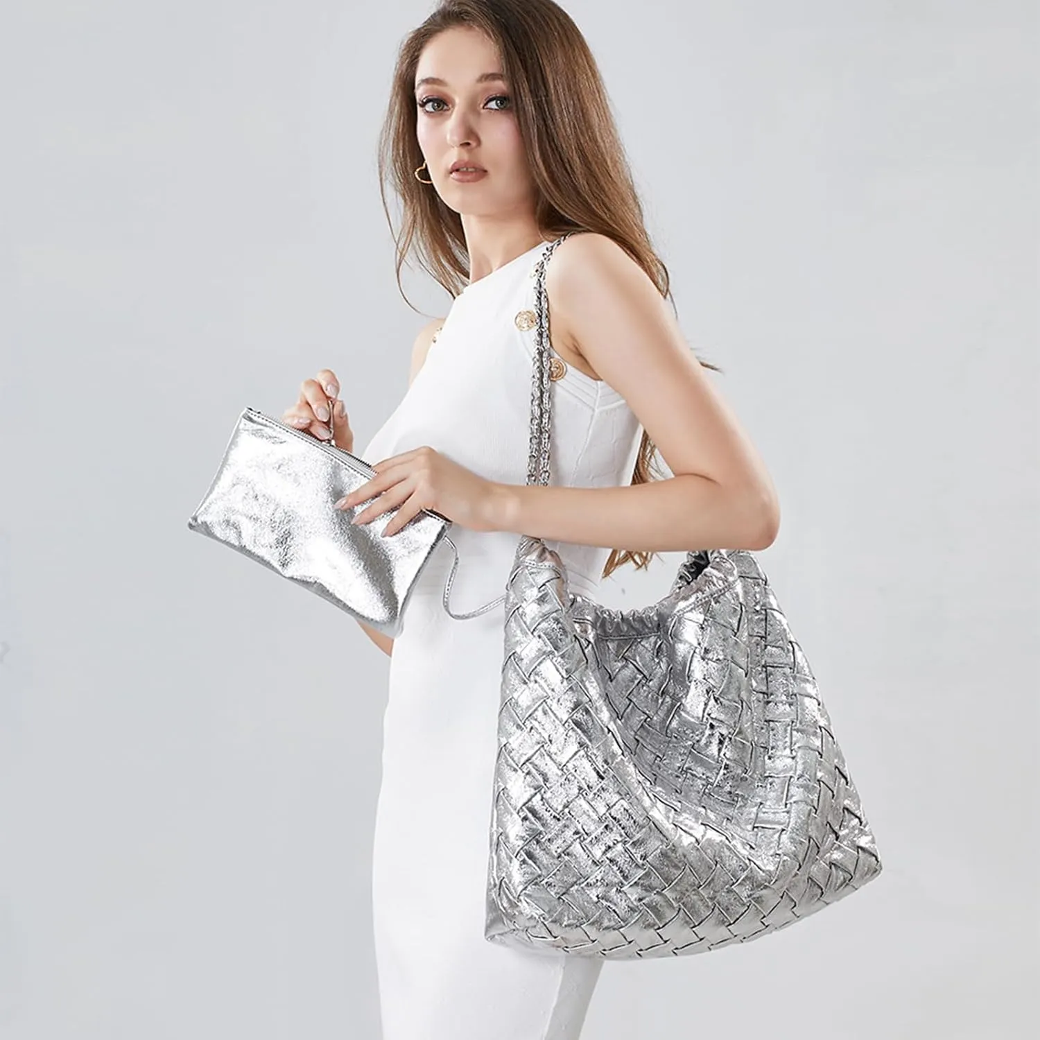 Woven Leather Hobo Handbag for Women with Purses, Large Woven Tote Bag Shoulder Bags 2pcs Purses Set