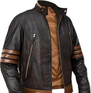 X Men Wolverine Striped Brown Leather Jacket For Men's For Wolverine Logan fans