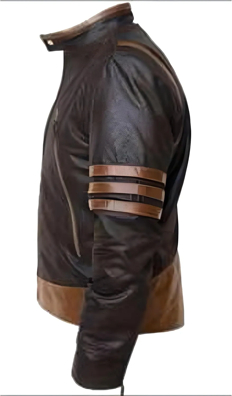 X Men Wolverine Striped Brown Leather Jacket For Men's For Wolverine Logan fans