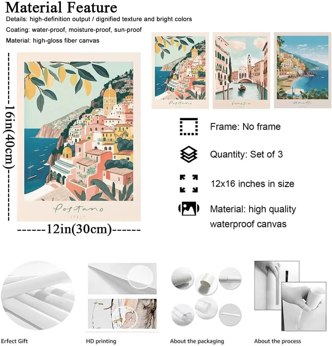 XLARTMY Italy Amalfi Coast Travel Posters Wall Art Canvas Decor City Landscape Blue Venice Coast Painting Beach Modern Artwork for Living Room Bedroom Bathroom Office Set of 3 12x16in Unframed
