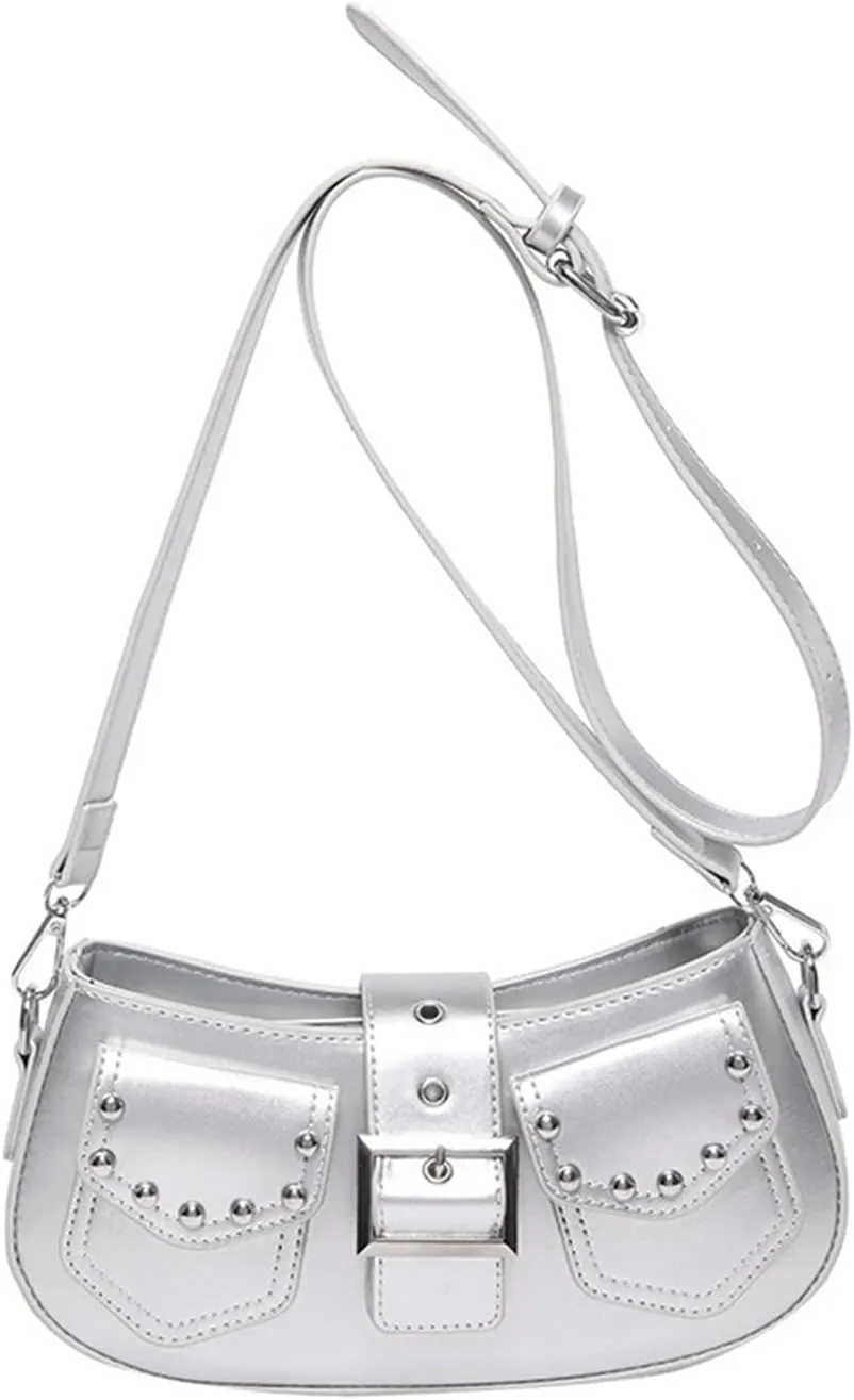 Y2k Purse Punk metallic Shoulder Bag with Silver Buckle 2000s Vintage Handbag Street Girly Grunge Studded Purses