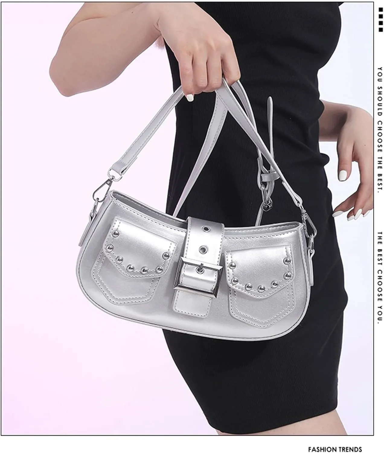 Y2k Purse Punk metallic Shoulder Bag with Silver Buckle 2000s Vintage Handbag Street Girly Grunge Studded Purses