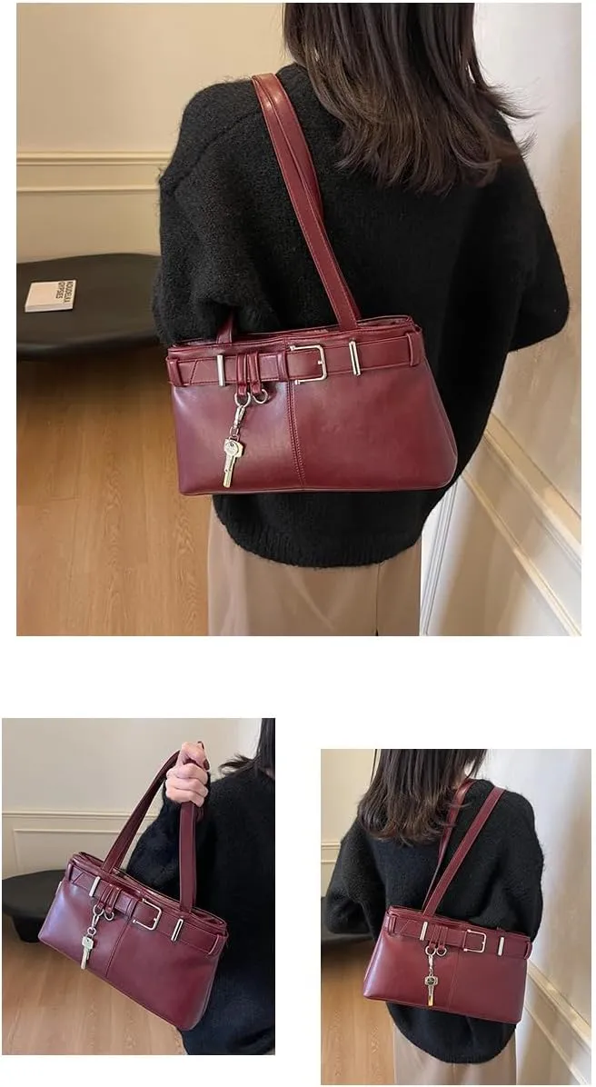 Y2K Shoulder Bag for Women,PU Leather Boston Bag with Key Decoration Belt Buckle for Work and Travel