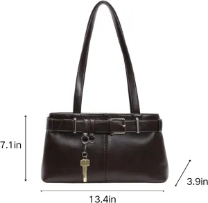 Y2K Shoulder Bag for Women,PU Leather Boston Bag with Key Decoration Belt Buckle for Work and Travel