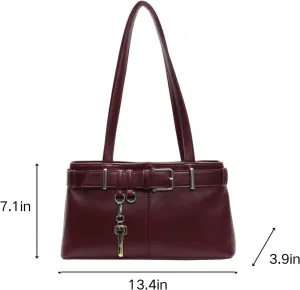Y2K Shoulder Bag for Women,PU Leather Boston Bag with Key Decoration Belt Buckle for Work and Travel