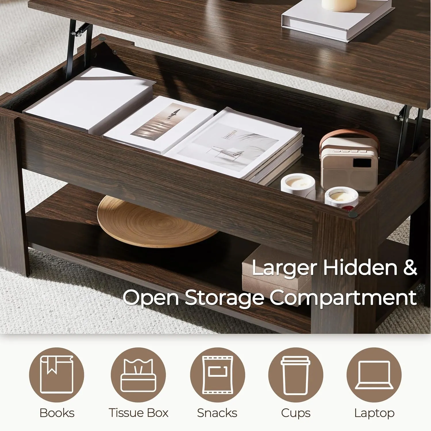 Yaheetech Lift Top Coffee Table with Hidden Compartment and Storage Shelf, Rising Tabletop Dining Table for Living Room Reception Room, 38.6in L, Espresso