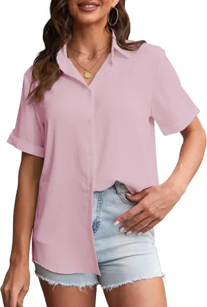 YAMANMAN Womens Button Down Shirt Short Sleeve Classic Collared Blouse Work Office Casual Chiffon Tops