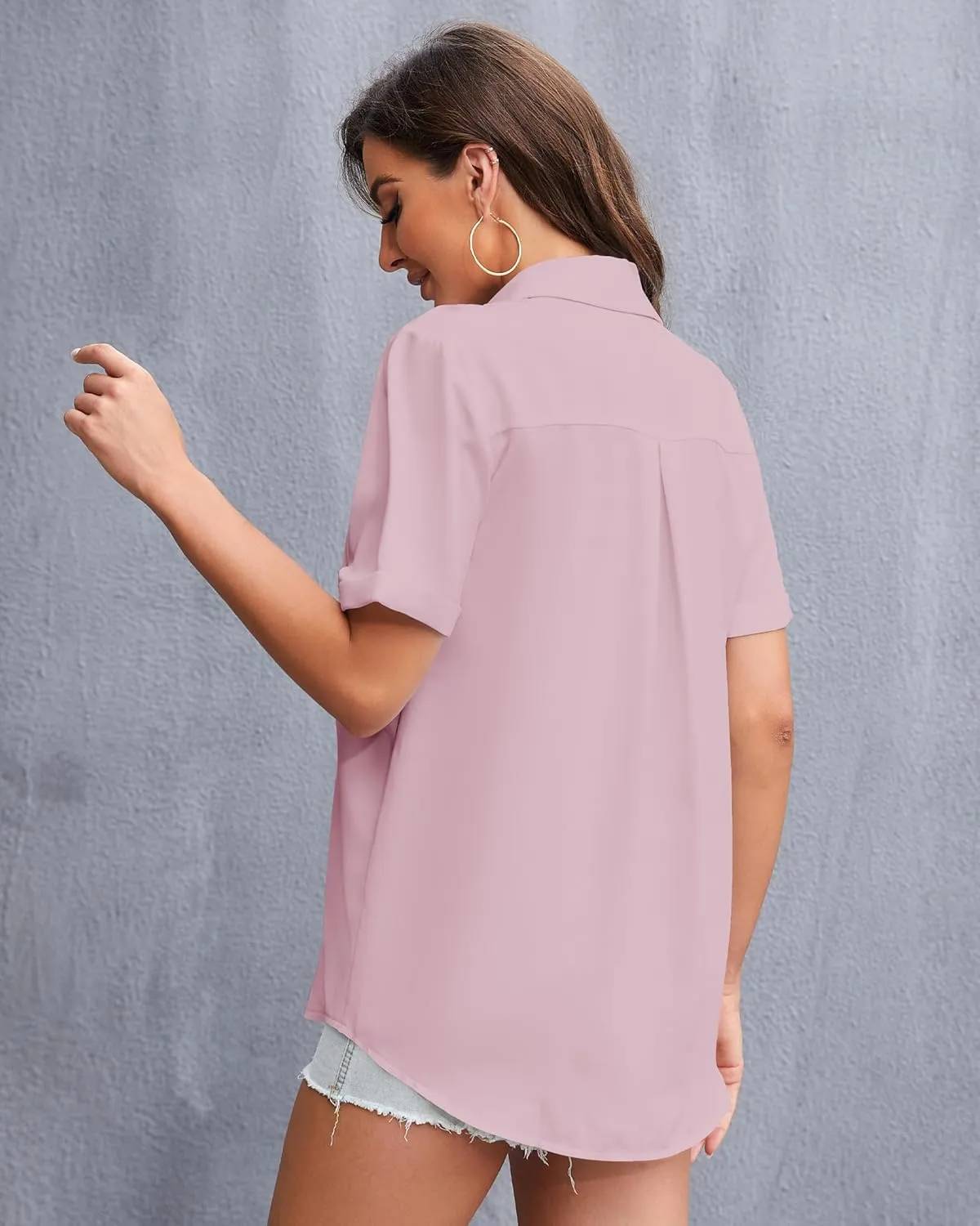 YAMANMAN Womens Button Down Shirt Short Sleeve Classic Collared Blouse Work Office Casual Chiffon Tops