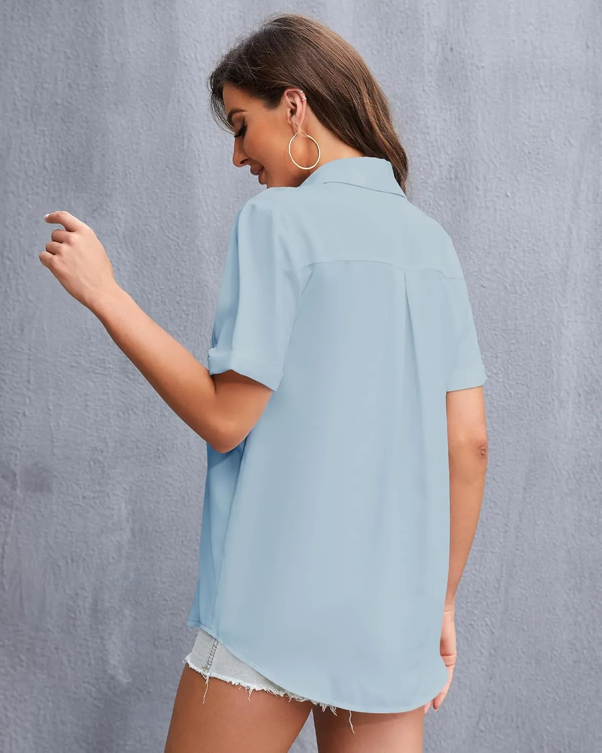 YAMANMAN Womens Button Down Shirt Short Sleeve Classic Collared Blouse Work Office Casual Chiffon Tops