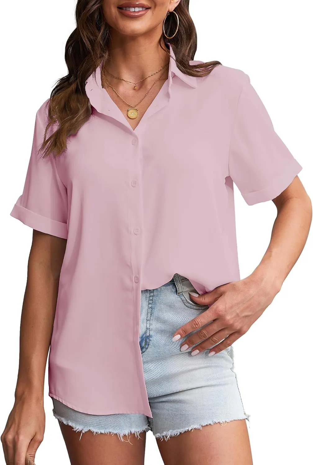 YAMANMAN Womens Button Down Shirt Short Sleeve Classic Collared Blouse Work Office Casual Chiffon Tops