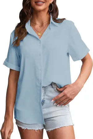 YAMANMAN Womens Button Down Shirt Short Sleeve Classic Collared Blouse Work Office Casual Chiffon Tops