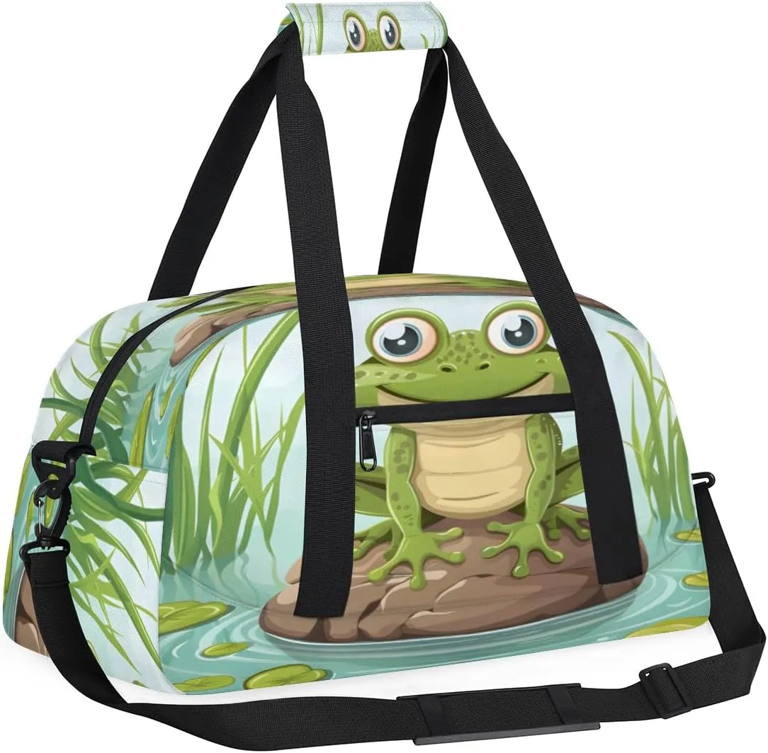 Yzrwebo Pond Frog Kids Gym Sport Bag for Boys Girls, Cartoon Frog Travel Duffle Bag Gymnastics Dance Bag Teen Weekender Overnight Carry on Tote Bags