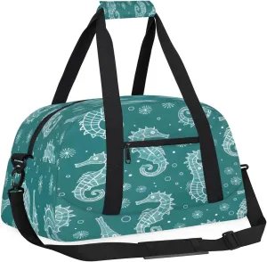 Yzrwebo Seahorse Print Kids Gym Sport Bag for Boys Girls, Seahorse Cyan Travel Duffle Bag Gymnastics Dance Bag Teen Weekender Overnight Carry on Tote Bags