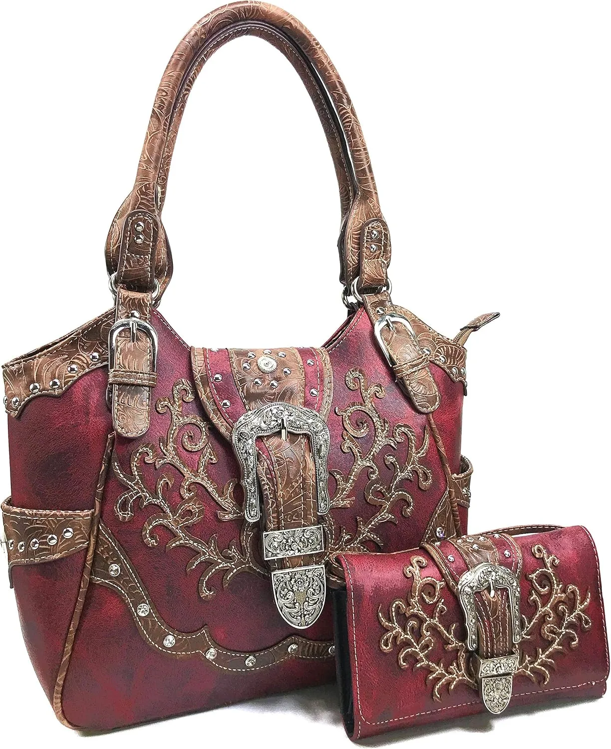 Zelris American Albino Western Floral Buckle Conceal Carry Women Tote Purse Handbag with Crossbody Wallet Set