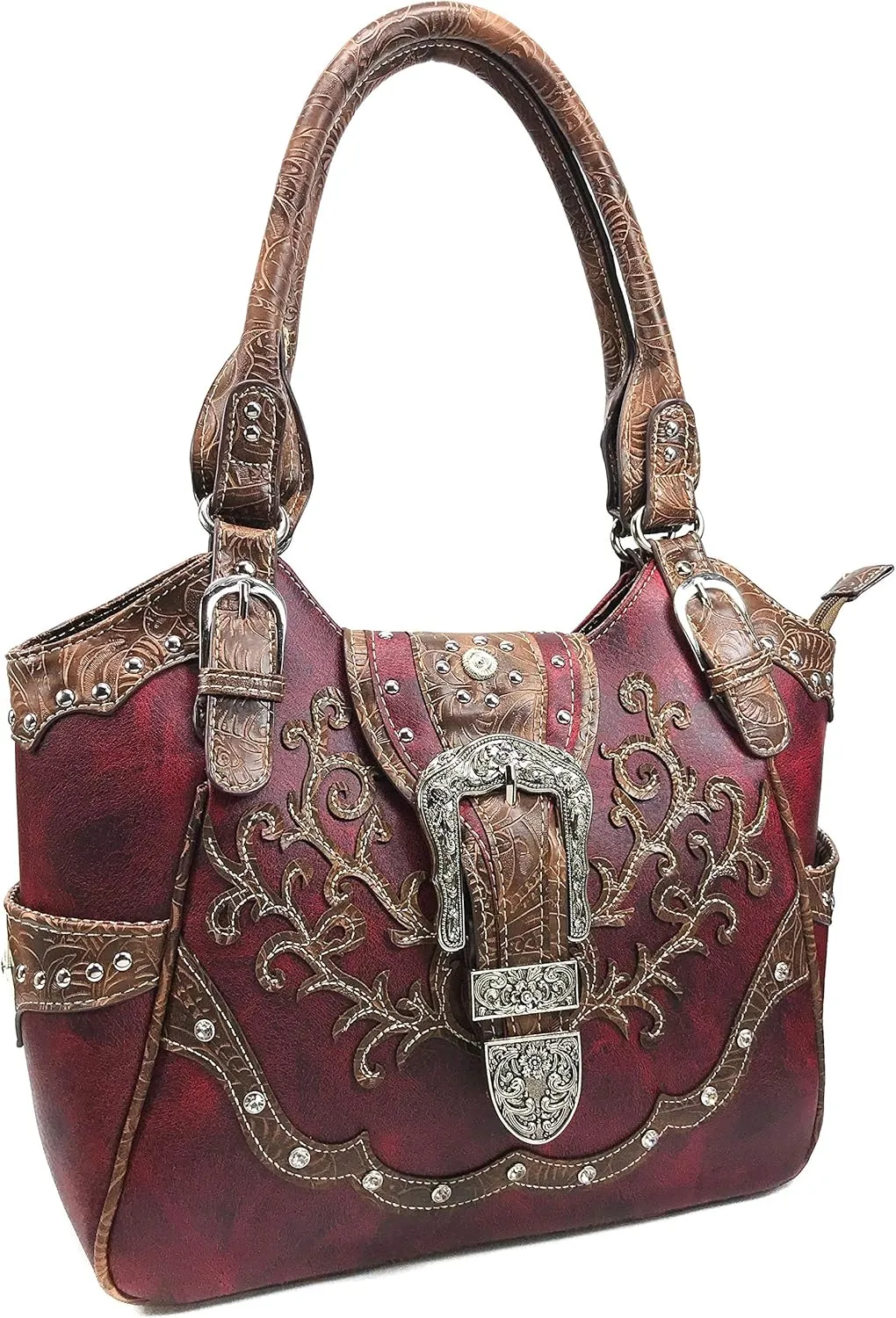 Zelris American Albino Western Floral Buckle Conceal Carry Women Tote Purse Handbag with Crossbody Wallet Set