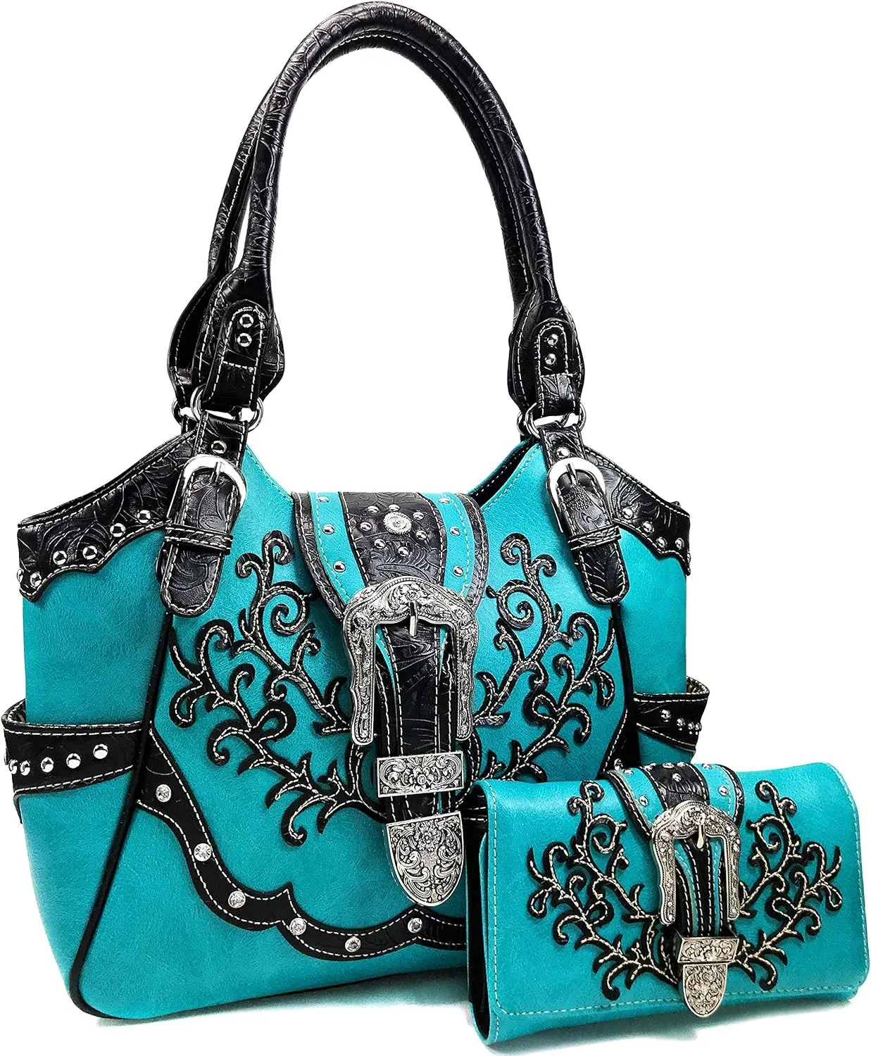 Zelris American Albino Western Floral Buckle Conceal Carry Women Tote Purse Handbag with Crossbody Wallet Set