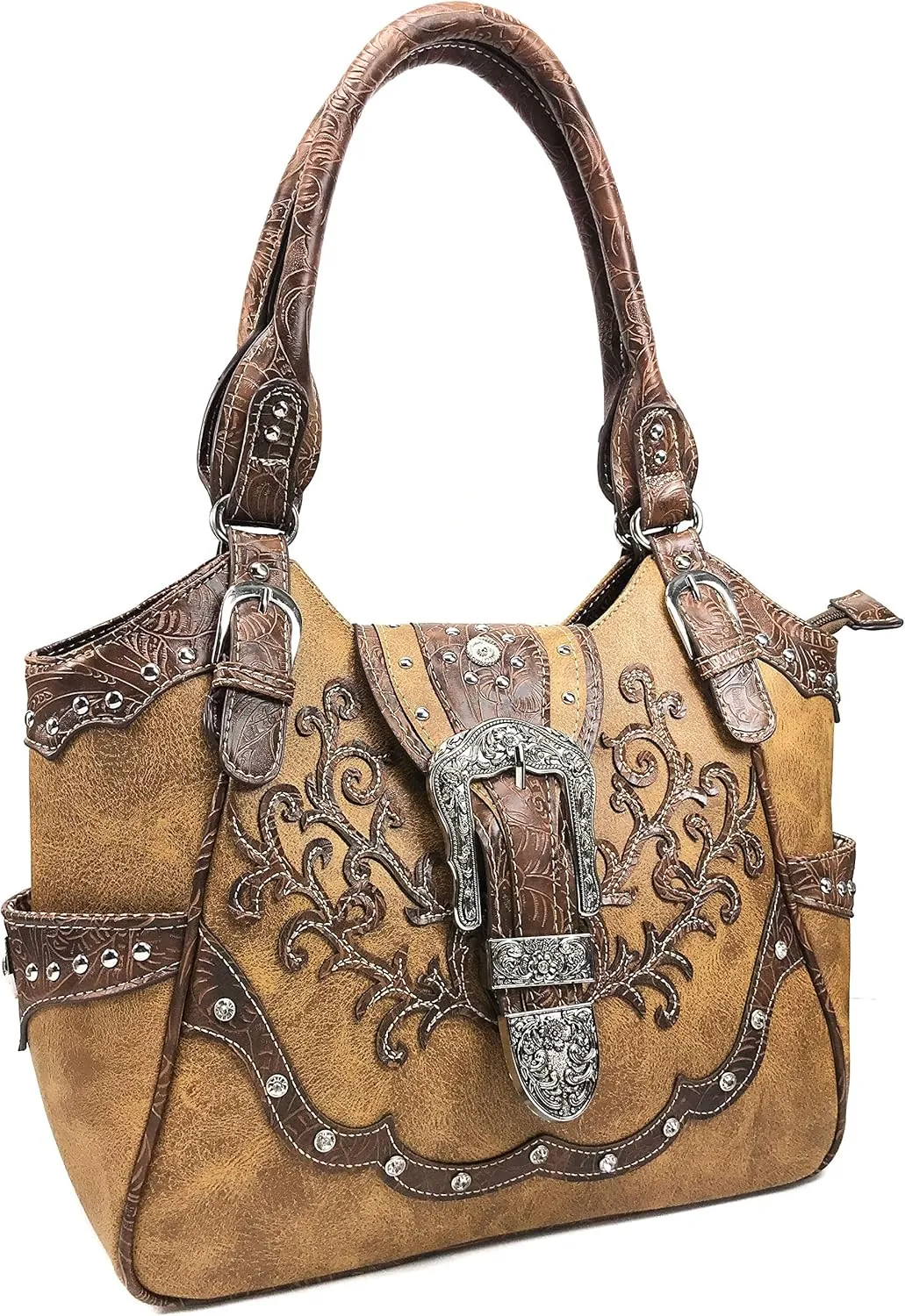 Zelris American Albino Western Floral Buckle Conceal Carry Women Tote Purse Handbag with Crossbody Wallet Set
