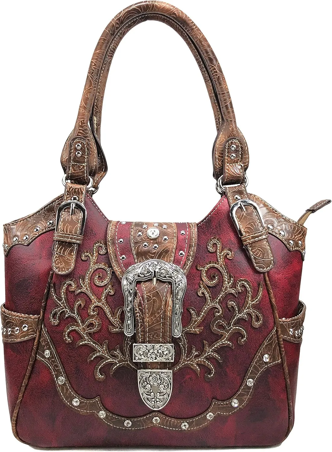 Zelris American Albino Western Floral Buckle Conceal Carry Women Tote Purse Handbag with Crossbody Wallet Set