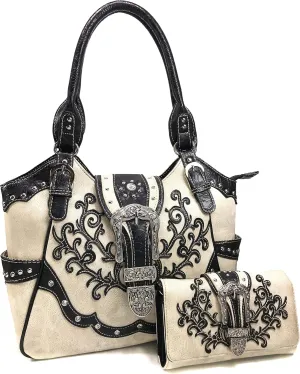 Zelris American Albino Western Floral Buckle Conceal Carry Women Tote Purse Handbag with Crossbody Wallet Set