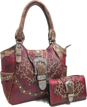 Zelris American Albino Western Floral Buckle Conceal Carry Women Tote Purse Handbag with Crossbody Wallet Set