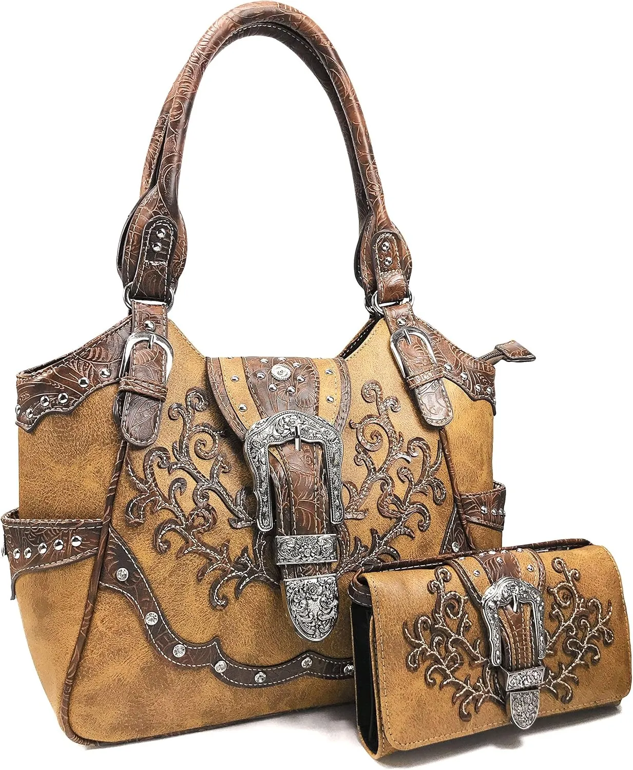 Zelris American Albino Western Floral Buckle Conceal Carry Women Tote Purse Handbag with Crossbody Wallet Set