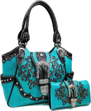 Zelris American Albino Western Floral Buckle Conceal Carry Women Tote Purse Handbag with Crossbody Wallet Set