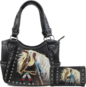 Zelris Dakota Dales Pony Horse Embroidery Mane Western Country Women Conceal Carry Tote Purse with Matching Wallet Set