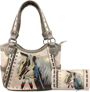 Zelris Dakota Dales Pony Horse Embroidery Mane Western Country Women Conceal Carry Tote Purse with Matching Wallet Set