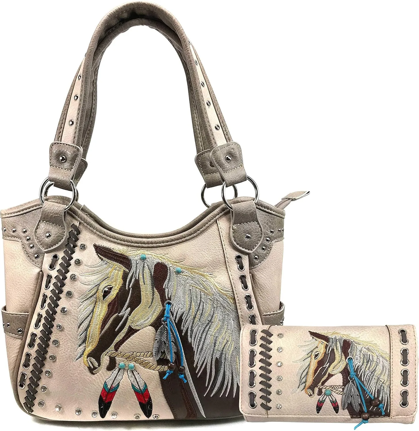 Zelris Dakota Dales Pony Horse Embroidery Mane Western Country Women Conceal Carry Tote Purse with Matching Wallet Set