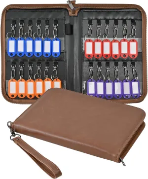 Zippered Key Case Organizer with 24 Hooks and Tags Leather Portable Key Storage Book for Offices Real Estate Agencies,Hotels and Rental Management